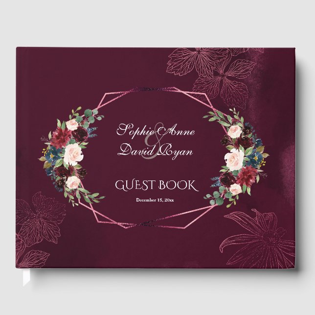 Livro De Visitas Casamento Geométrico Real Burgundy Floral (Frente)