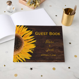 Livro De Visitas Casamento Girassol Amarelo Madeira Marrom Rústico