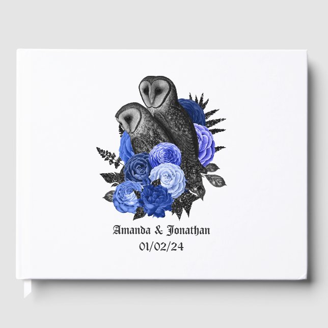 Livro De Visitas Casamento Gótico Real Blue Floral Owls (Frente)