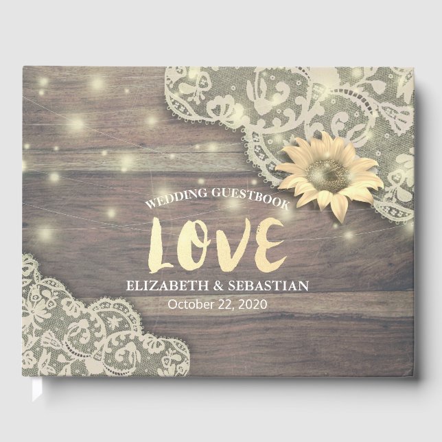 Livro De Visitas Casamento Guestbook Lace Sunflower Rustic Wood Lig (Frente)