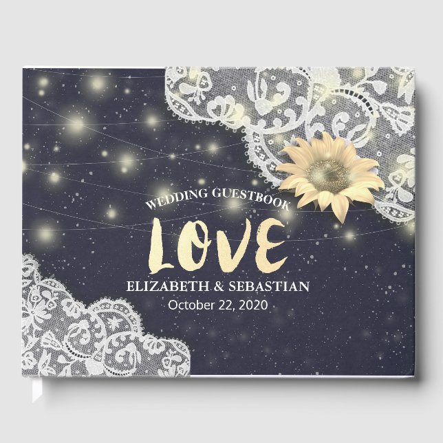 Livro De Visitas Casamento Guestbook Lace Sunflower & String Lights (Frente)