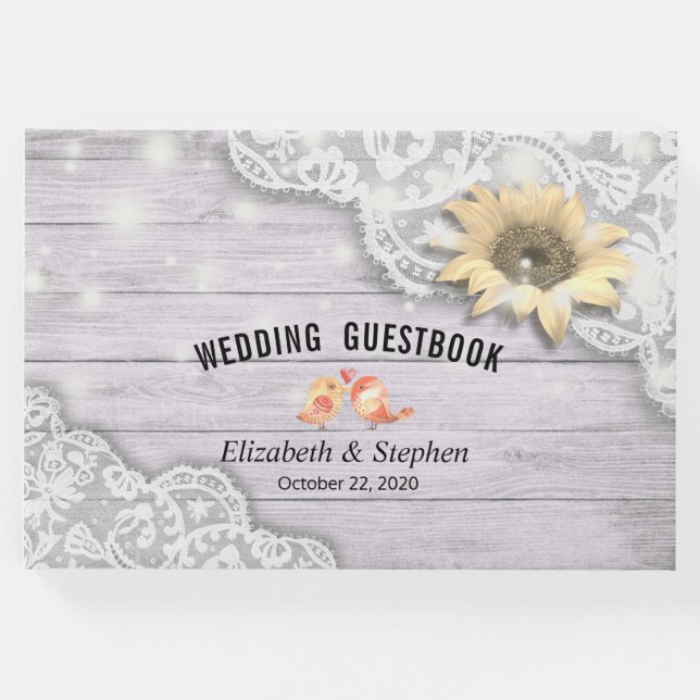 Livro De Visitas Casamento Guestbook Lace Sunflower Wood String Lig (Frente)