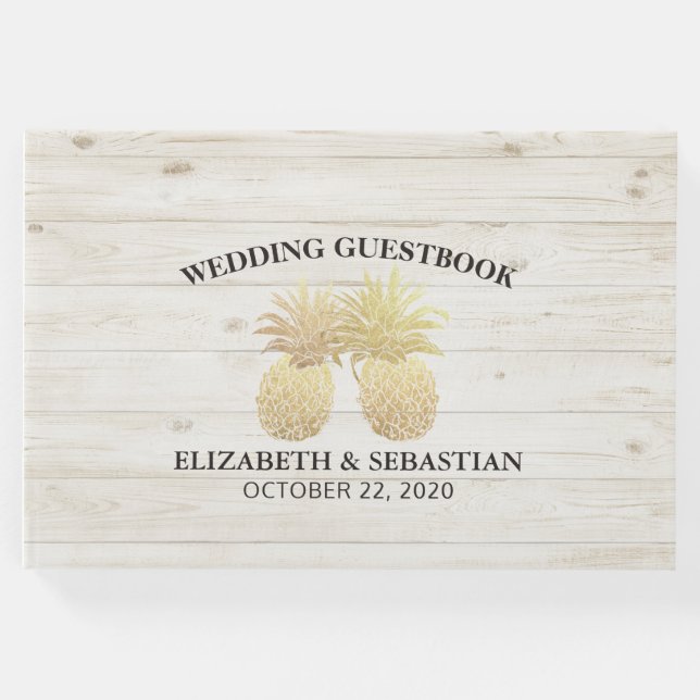Livro De Visitas Casamento Guestbook Molho Dourado Abacaxi Madeira  (Frente)