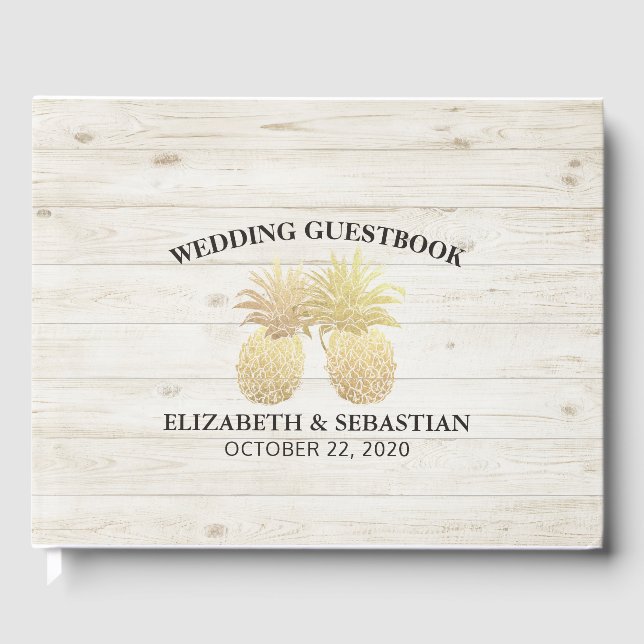 Livro De Visitas Casamento Guestbook Molho Dourado Abacaxi Madeira  (Frente)