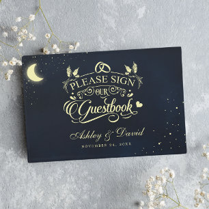 Livro De Visitas Casamento Lua Estrelas Azul Meia-Noite Celestial