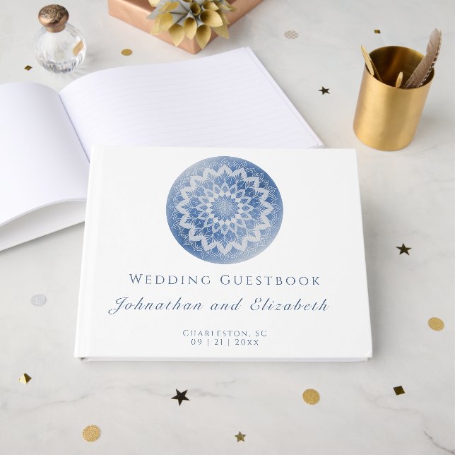 Livro De Visitas Casamento Mandala com Renda Azul (Frente aberta)