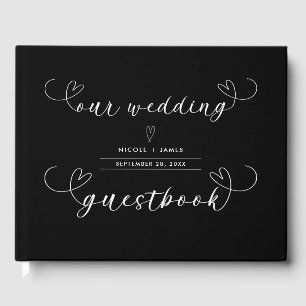 Livro De Visitas Casamento Minimalista Preto e Branco Corações Mode