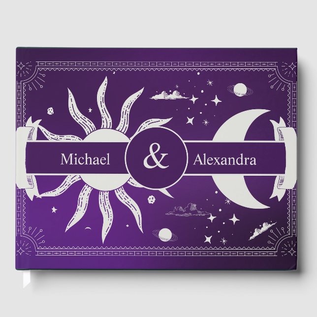 Livro De Visitas Casamento Místico do Sol Lua Roxo e Prata (Frente)