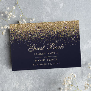 Livro De Visitas Casamento Moderno Chic Azul Naval Confete Dourado