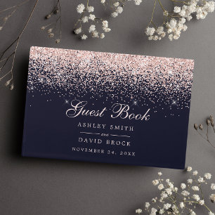 Livro De Visitas Casamento Moderno Chic Azul Naval Confete Dourado