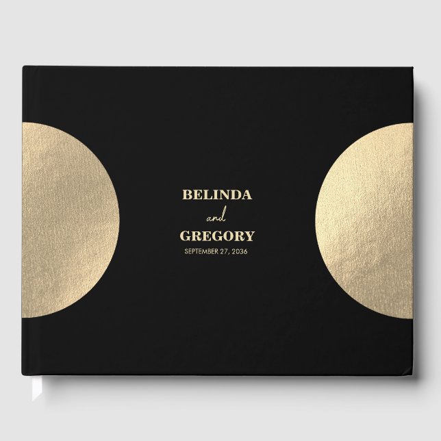 Livro De Visitas Casamento moderno de preto e Abstrato Dourado cont (Frente)