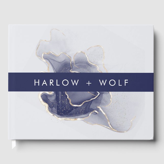 Livro De Visitas Casamento Moderno Dourado Elegante da Meia-Noite (Frente)