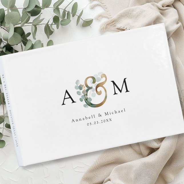 Livro De Visitas Casamento Moderno Elegante Eucalyptus Ampersand (Modern, elegant eucalyptus ampersand wedding guest book, personalized)
