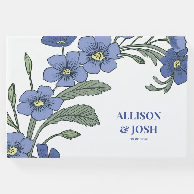 Livro De Visitas Casamento Moderno Floral Azul Periwinkle (Frente)