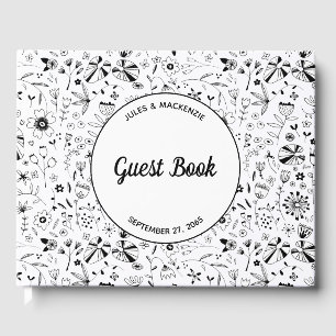 Livro De Visitas Casamento Moderno Monocromático de Flor Selvagem