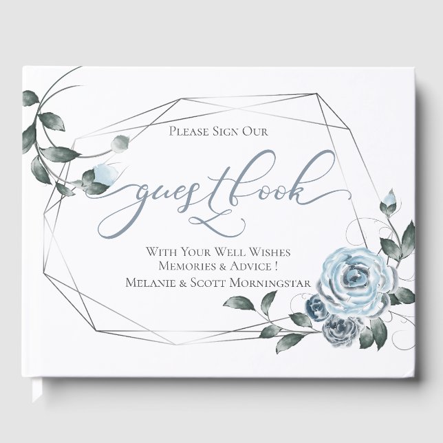 Livro De Visitas Casamento | Moldura Floral de SIlver Dusty Blue (Frente)