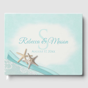 Livro De Visitas Casamento Monograma Estrela-do-Mar e Fita Vintage