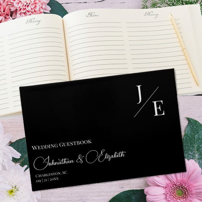 Livro De Visitas Casamento Monograma Minimalista | Preto (Minimalist Monogram Wedding Black Guestbook)