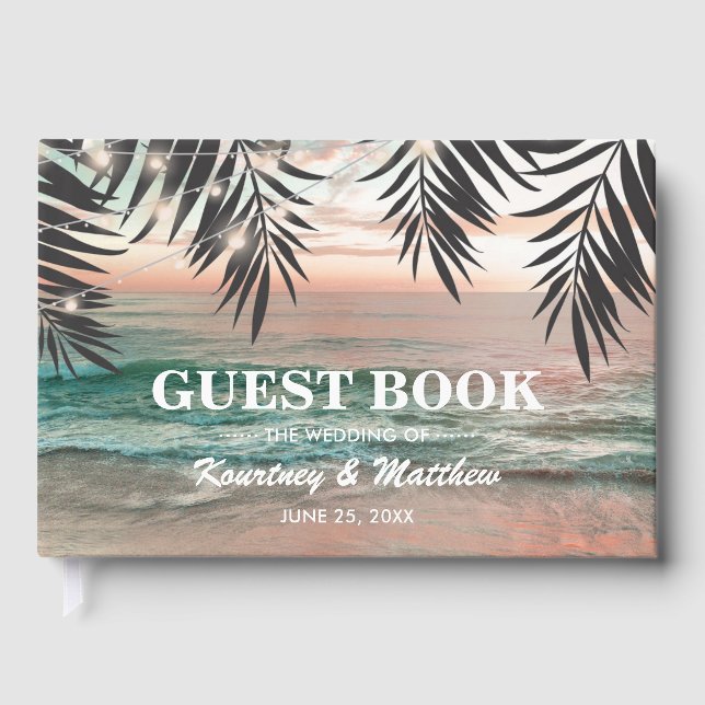 Livro De Visitas Casamento na Praia Tropical | Fio de Luzes (Frente)