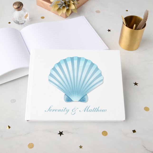 Livro De Visitas Casamento Náutico de Praia Azul Elegante Seashell (Frente aberta)