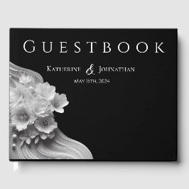 Livro De Visitas Casamento Negro e Branco Floral Moderno