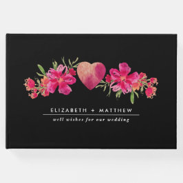 Livro De Visitas Casamento Negro Floral de Watercolor Fuchsia