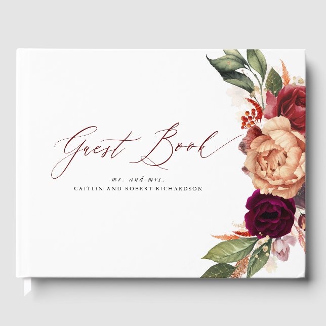 Livro De Visitas Casamento outono Floral Vermelho e Laranja (Frente)