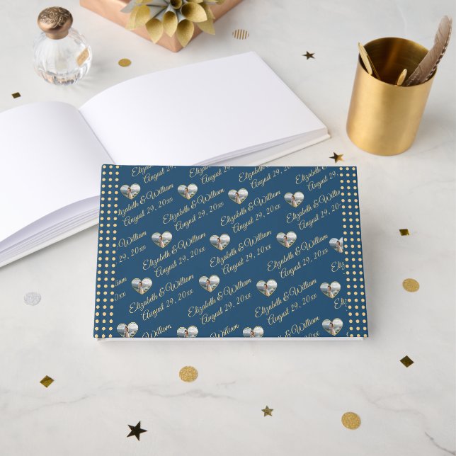 Livro De Visitas Casamento personalizado com bolinhas douradas e az (Frente aberta)