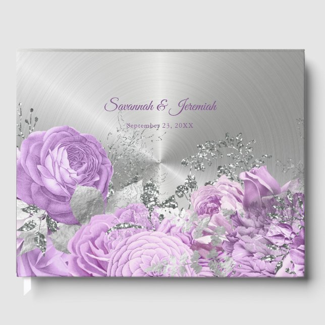 Livro De Visitas Casamento Personalizável Floral de Prata Lilac (Frente)