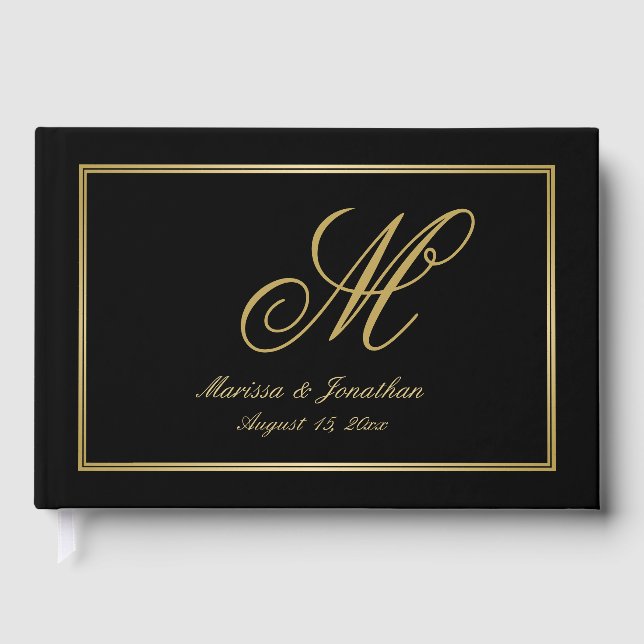 Livro De Visitas Casamento Preto com Script Monograma Dourado Elega (Frente)