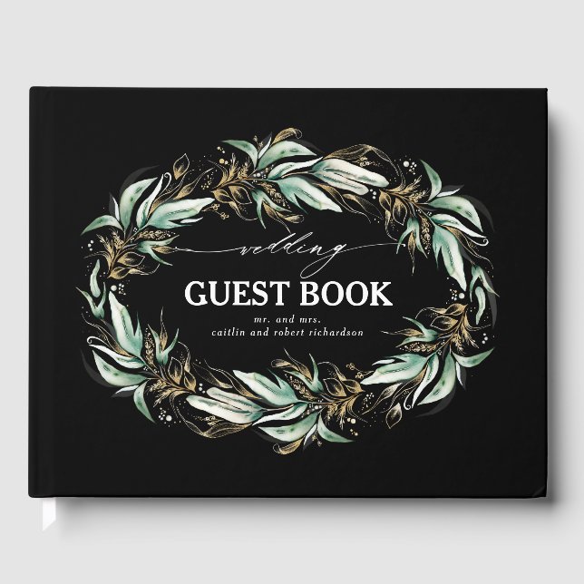 Livro De Visitas Casamento Preto Dourado Folha Verde (Frente)