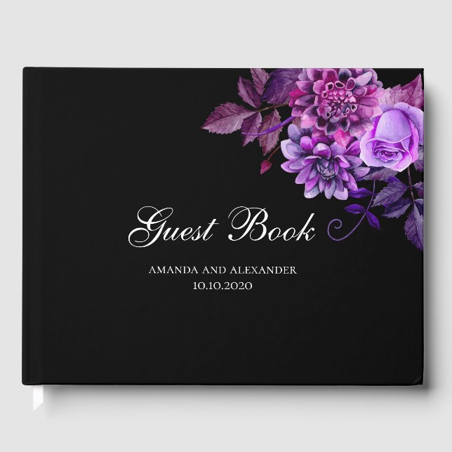 Livro De Visitas Casamento preto e roxo. Floral de aquarela (Frente)