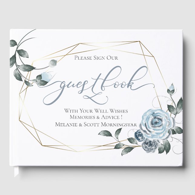 Livro De Visitas Casamento | Quadro Dourado Floral Azul Dusty (Frente)