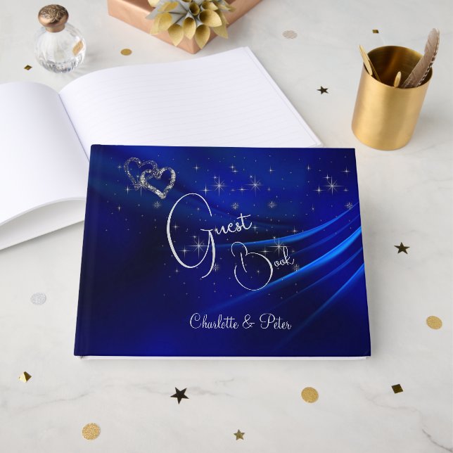 Livro De Visitas Casamento Real Blue Hearts and Stars (Frente aberta)