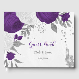 Livro De Visitas casamento real roxo e flores brancas de prata