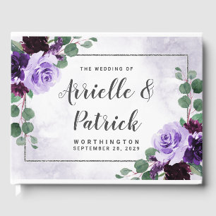 Livro De Visitas Casamento roxo de Boho e de prata floral pairoso