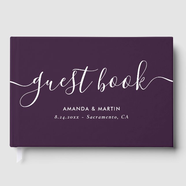 Livro De Visitas Casamento Roxo de Script Moderno Elegante (Frente)
