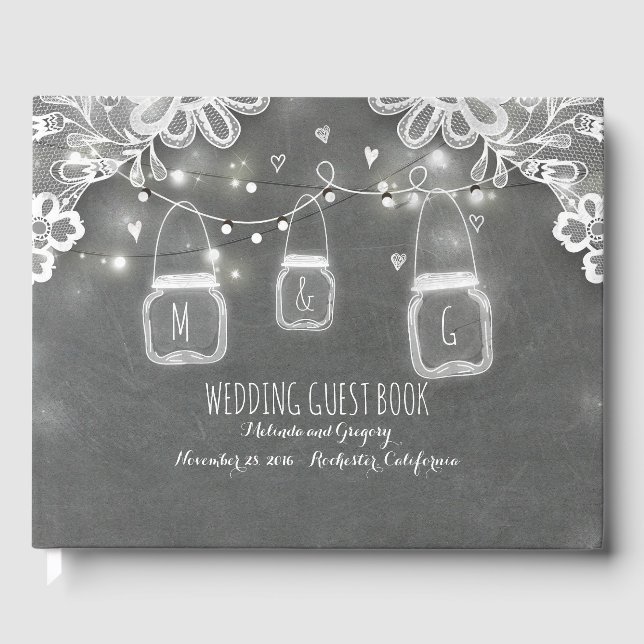 Livro De Visitas Casamento Russo Lace Chalkboard Mason Jar Luzes (Frente)