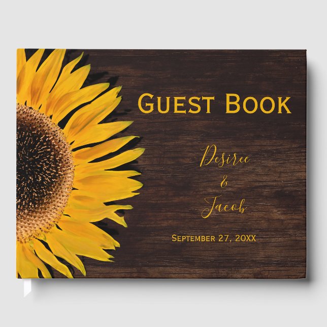 Livro De Visitas Casamento Rustic Brown Wood Amarelo Sunflower (Frente)