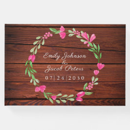 Livro De Visitas Casamento Rustic Brown Wood Floral Pink