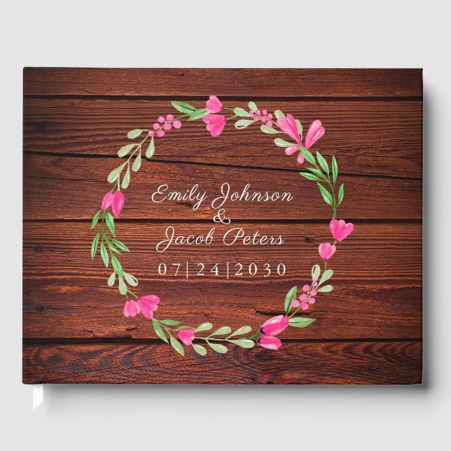 Livro De Visitas Casamento Rustic Brown Wood Floral Pink (Frente)