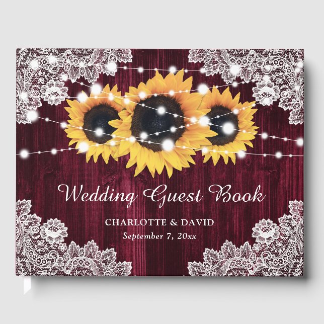 Livro De Visitas Casamento Rustic Burgundy Wood Lace Sunflower (Frente)