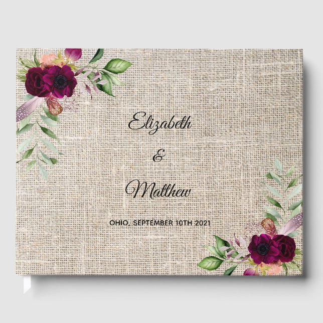 Livro De Visitas Casamento Rustic Burlap flordy (Frente)