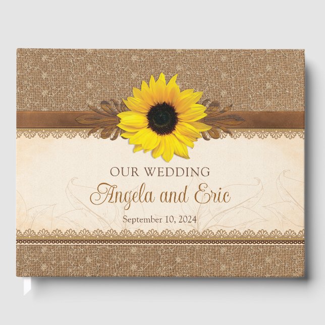 Livro De Visitas Casamento Rustic Burlap Lace Wood Sunflower (Frente)