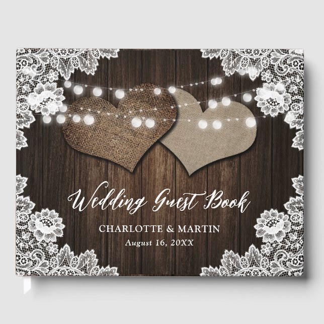 Livro De Visitas Casamento Rustic Chic Barn Wood Hearts Lace Countr (Frente)