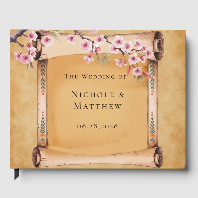 Livro De Visitas Casamento Rustic Floral Scroll Cherry Blossom (Frente)