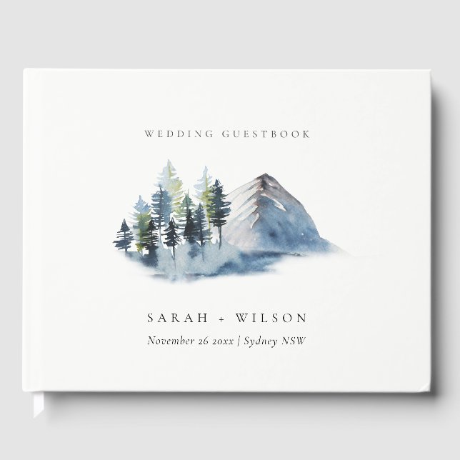 Livro De Visitas Casamento Rustic Green Blue Pine Woods Mountain (Frente)
