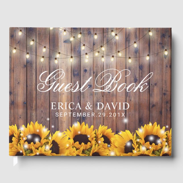 Livro De Visitas Casamento Rustic Sunflower & String Lights Country (Frente)