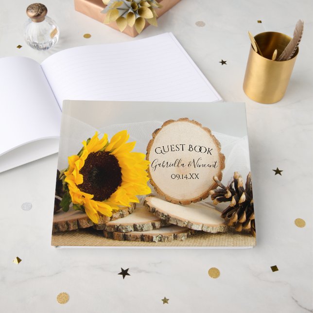 Livro De Visitas Casamento Rustic Yellow Sunflower Woodland (Frente aberta)