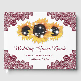 Livro De Visitas Casamento Rústico de Burgundy Chic Lace Sunflower